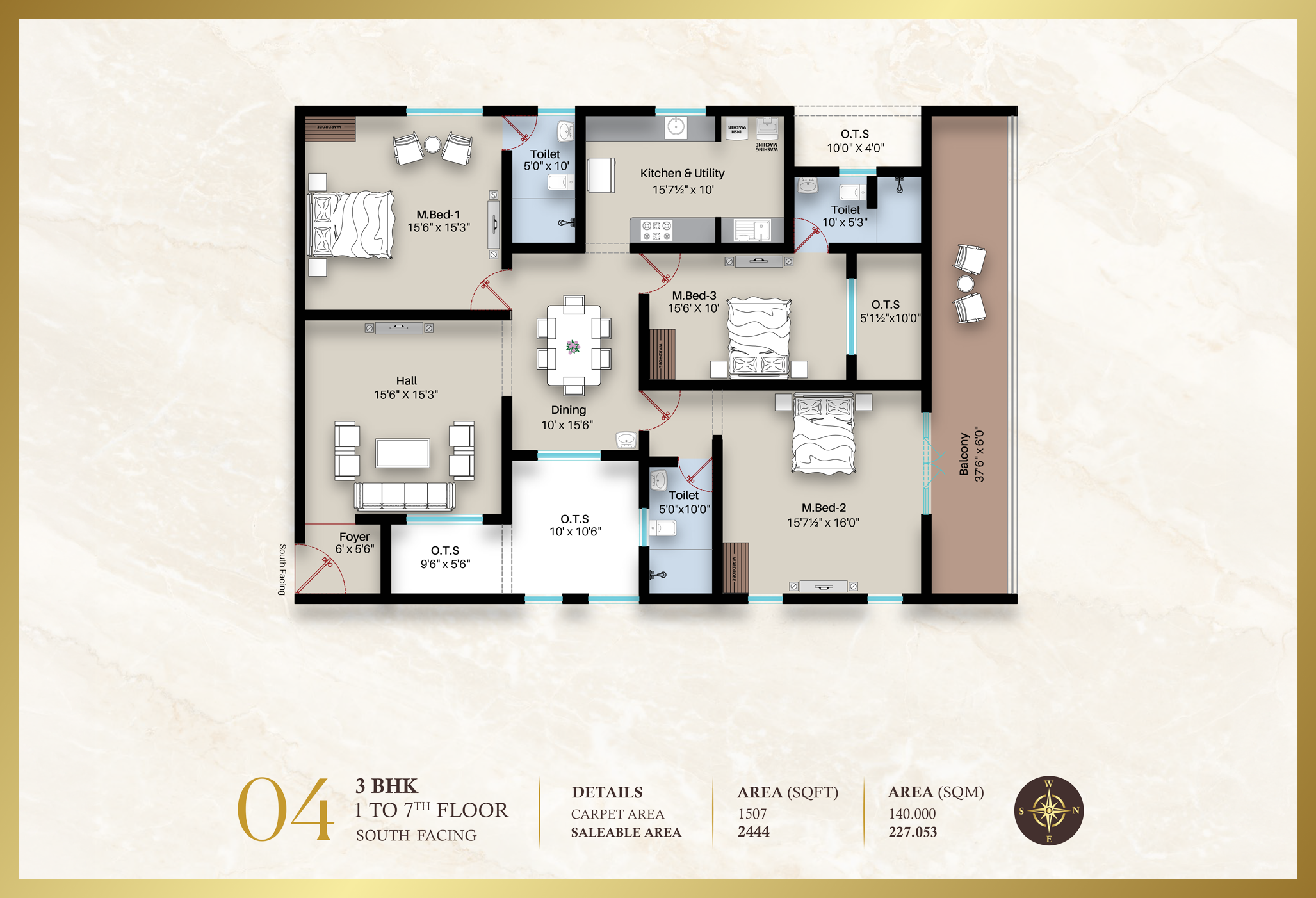 Diora Apartment 3BHK North facing floor plan 1534 sq-ft